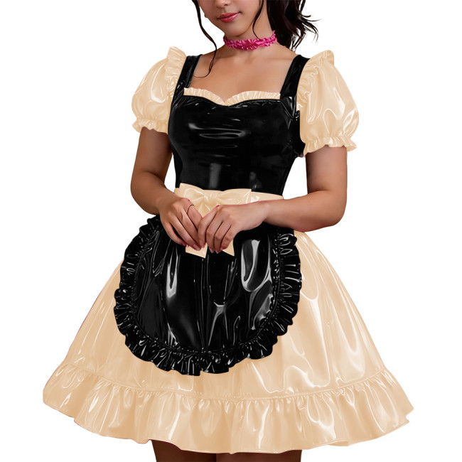 Halloween Shiny PVC French Dress Women Vinyl Mini Skirt Puff Sleeve Bow Sweetheart Party Maid Cross Dress Gothic Cosplay Lolita