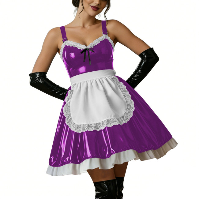 Halloween Women Shiny PVC Leather Maid Dress Sexy French Lace Apron Cute Mini Cosplay Lolita Party Wetlook Fancy Strap Dress