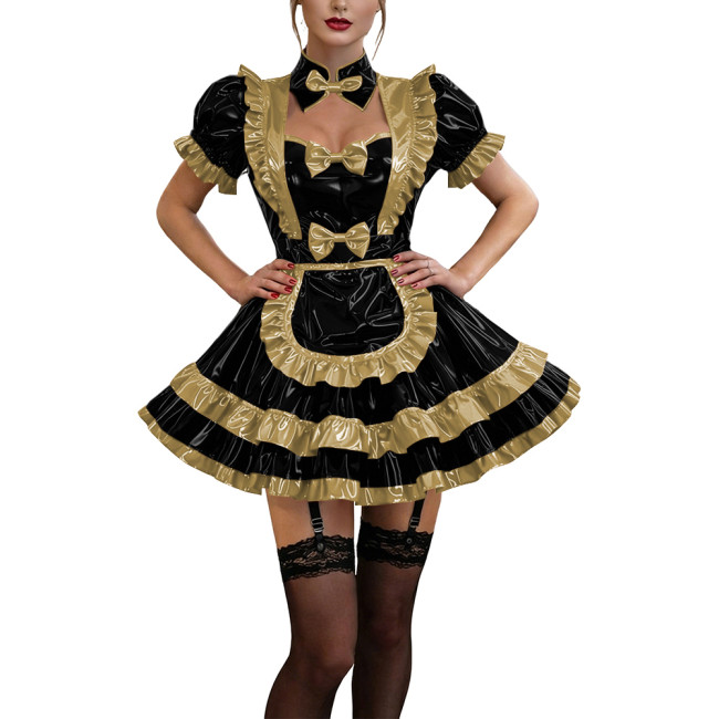 Glossy Ruffles Bow Collar Mini Maid Dress Apron Vinyl PVC Leather Dress Short Puff Sleeve Dress Maid Uniform Sexy Cosplay Lolita