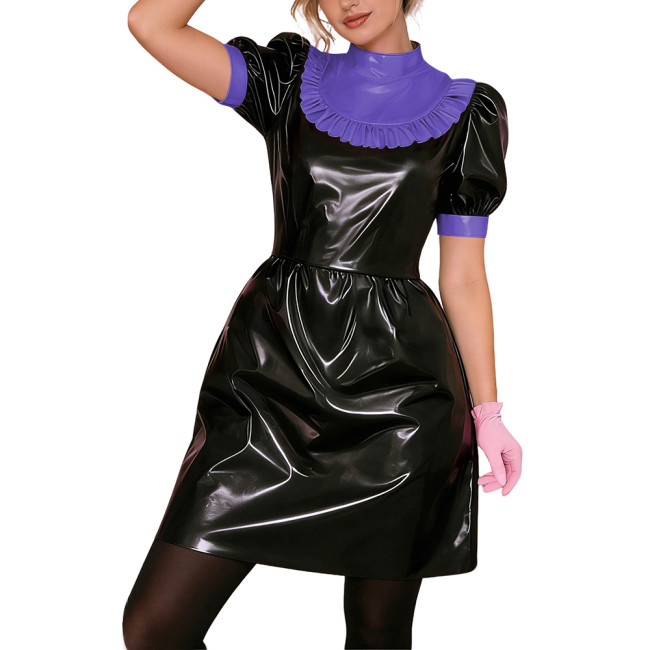 Gothic Punk Lolita PVC Puff Sleeve Cosplay Dress Shiny Vinyl Lady Short Dress Wetlook Contrast Ruffle Collar Bowless Party Dress