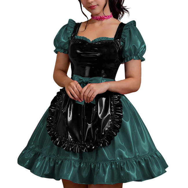 Halloween Shiny PVC French Dress Women Vinyl Mini Skirt Puff Sleeve Bow Sweetheart Party Maid Cross Dress Gothic Cosplay Lolita