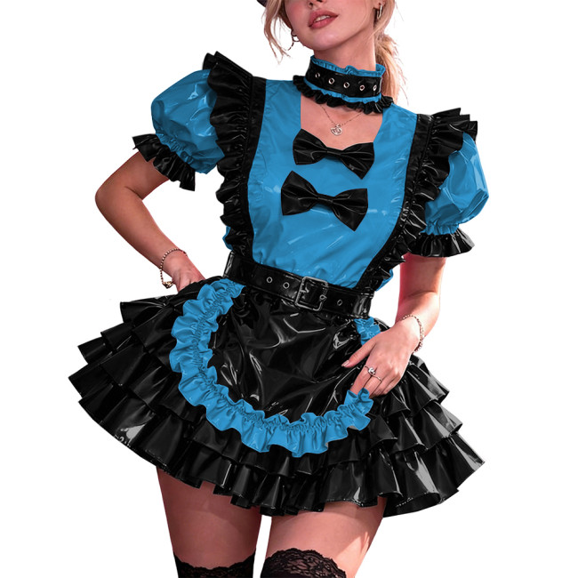 French Maid PVC Halloween Dress Women Shiny Vinyl A-Line Party Mini Dress Puff Sleeve Gothic Bow Choker Lady Cute Cosplay Lolita