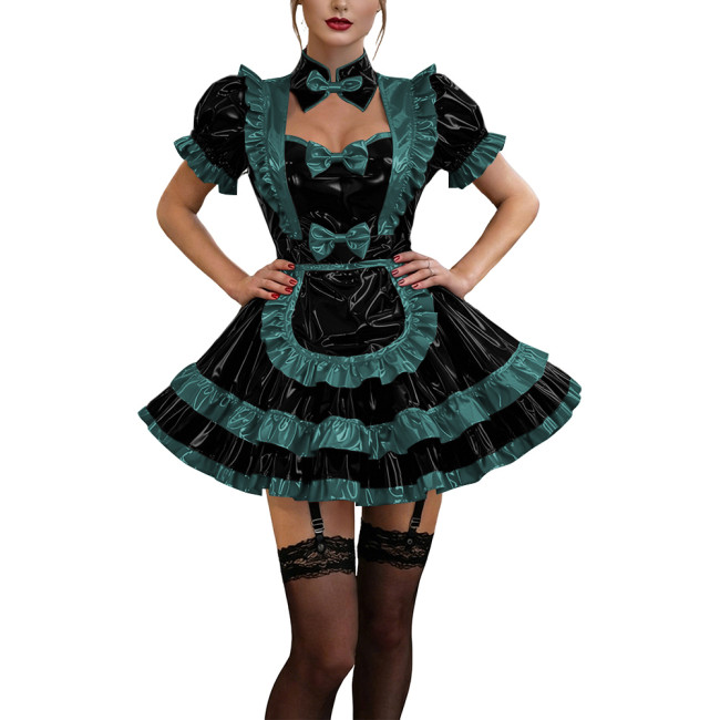 Glossy Ruffles Bow Collar Mini Maid Dress Apron Vinyl PVC Leather Dress Short Puff Sleeve Dress Maid Uniform Sexy Cosplay Lolita