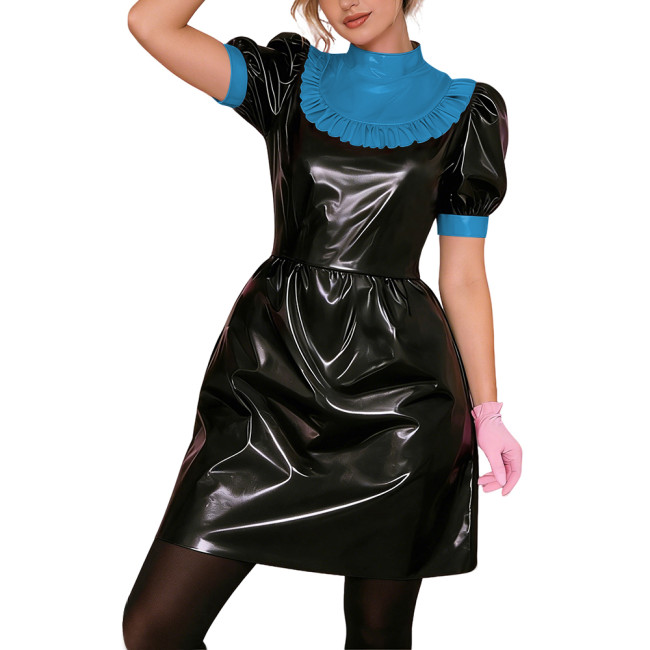 Gothic Punk Lolita PVC Puff Sleeve Cosplay Dress Shiny Vinyl Lady Short Dress Wetlook Contrast Ruffle Collar Bowless Party Dress