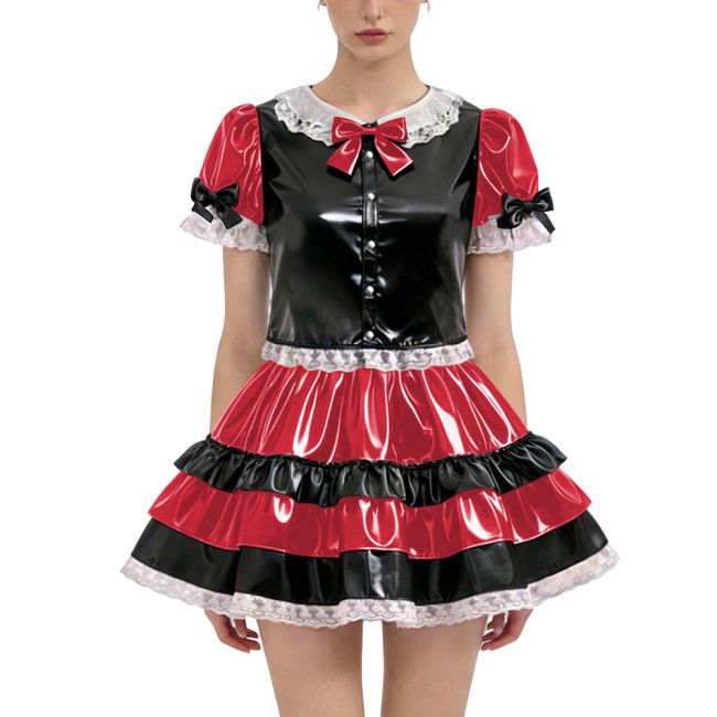 Shiny PVC Lolita Short Dress Outfit Sets 2-piece Set Sweet Bow Button Short Sleeve Tops High-waist Ruffles Mini Skirt Sissy Suit