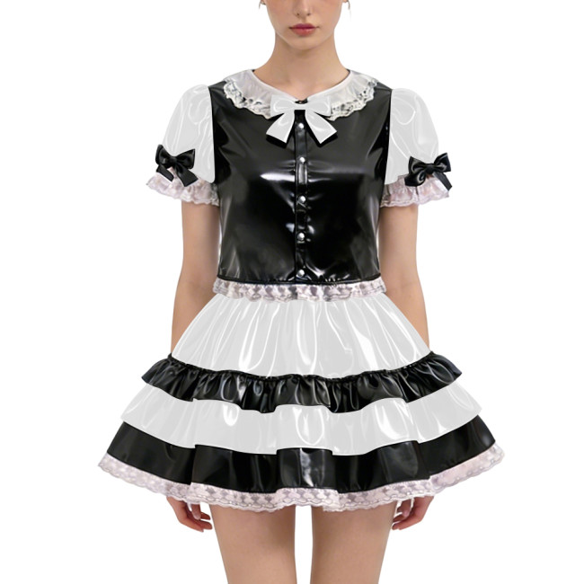 Shiny PVC Lolita Short Dress Outfit Sets 2-piece Set Sweet Bow Button Short Sleeve Tops High-waist Ruffles Mini Skirt Sissy Suit