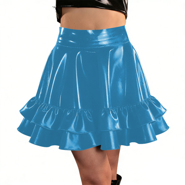 Womens PVC Shiny High Waist Mini Skater Skirt Streetwear Ladies Solid Color Ruffle Hem Swing Skirts Nightclub Festival Costume