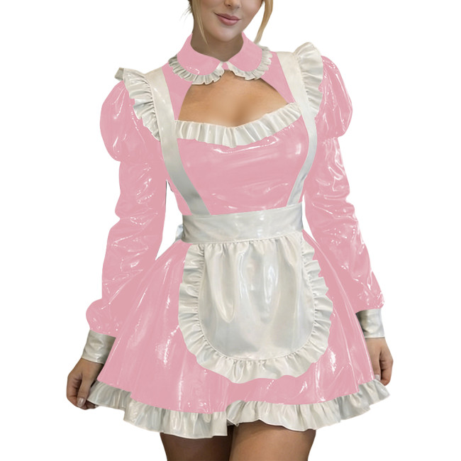 Sexy Wetlook PVC Leather Fetish Maid Dress A-Line Cocktail Lolita Zipper Mini Dress Fetish Cosplay Dress Cross-dresser Clubwear
