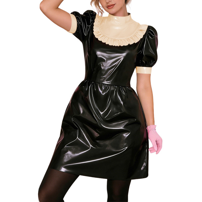 Gothic Punk Lolita PVC Puff Sleeve Cosplay Dress Shiny Vinyl Lady Short Dress Wetlook Contrast Ruffle Collar Bowless Party Dress