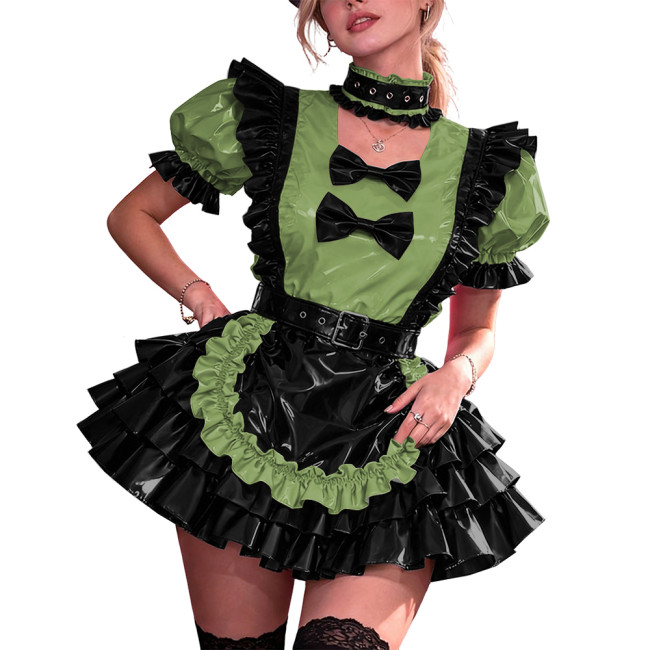 French Maid PVC Halloween Dress Women Shiny Vinyl A-Line Party Mini Dress Puff Sleeve Gothic Bow Choker Lady Cute Cosplay Lolita