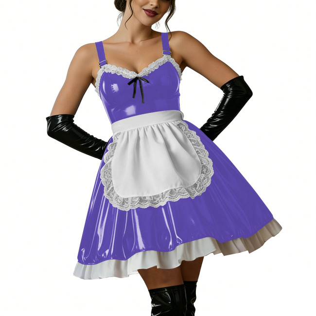 Halloween Women Shiny PVC Leather Maid Dress Sexy French Lace Apron Cute Mini Cosplay Lolita Party Wetlook Fancy Strap Dress