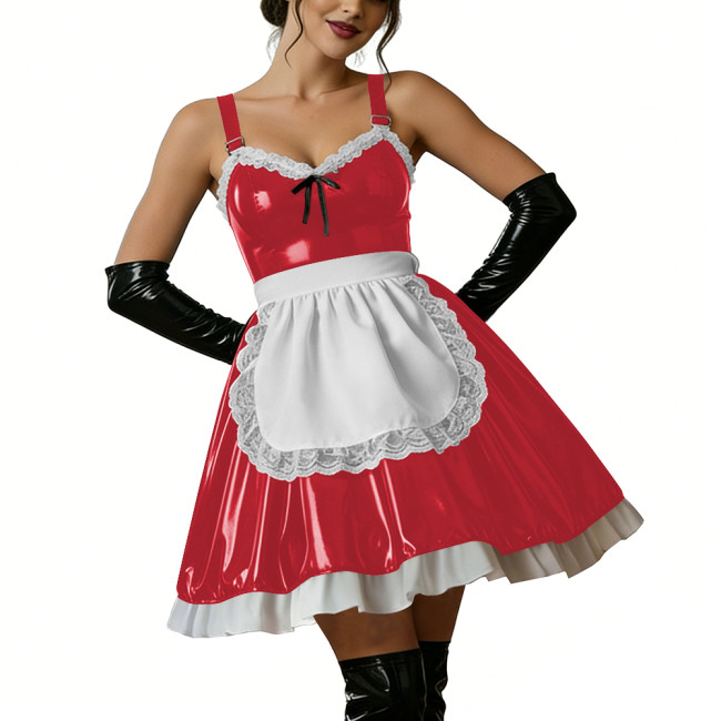 Halloween Women Shiny PVC Leather Maid Dress Sexy French Lace Apron Cute Mini Cosplay Lolita Party Wetlook Fancy Strap Dress