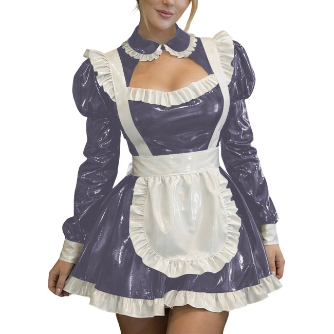 Sexy Wetlook PVC Leather Fetish Maid Dress A-Line Cocktail Lolita Zipper Mini Dress Fetish Cosplay Dress Cross-dresser Clubwear