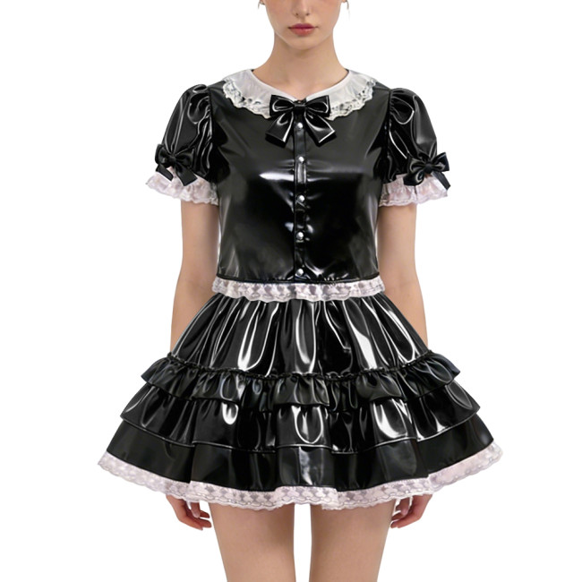 Shiny PVC Lolita Short Dress Outfit Sets 2-piece Set Sweet Bow Button Short Sleeve Tops High-waist Ruffles Mini Skirt Sissy Suit