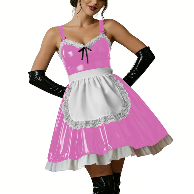 Halloween Women Shiny PVC Leather Maid Dress Sexy French Lace Apron Cute Mini Cosplay Lolita Party Wetlook Fancy Strap Dress
