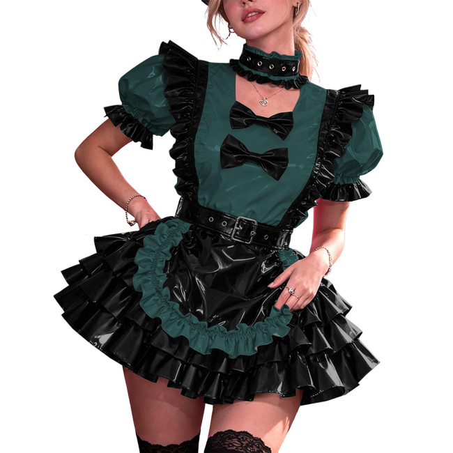 French Maid PVC Halloween Dress Women Shiny Vinyl A-Line Party Mini Dress Puff Sleeve Gothic Bow Choker Lady Cute Cosplay Lolita