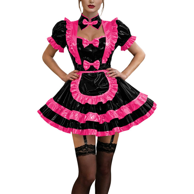 Glossy Ruffles Bow Collar Mini Maid Dress Apron Vinyl PVC Leather Dress Short Puff Sleeve Dress Maid Uniform Sexy Cosplay Lolita