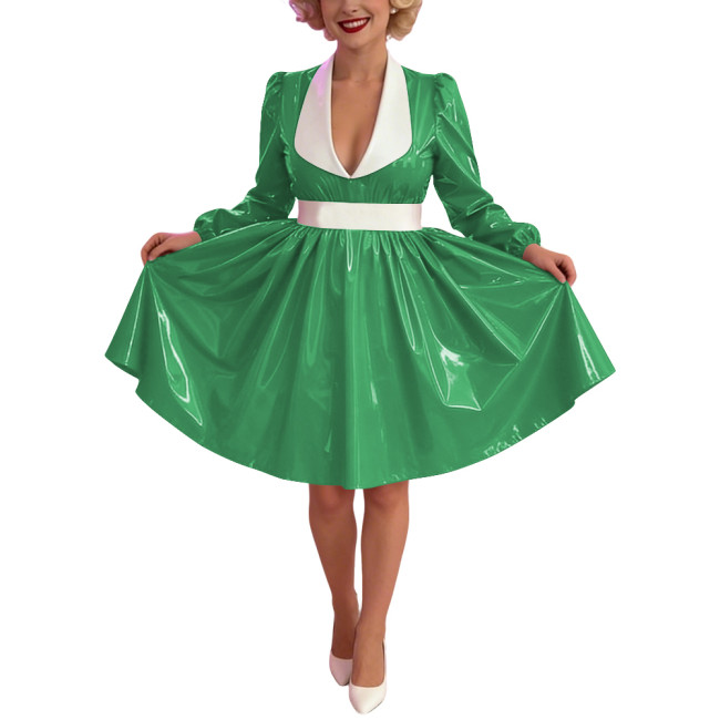 Women Glossy PVC Vintage A-Line Dress Elegant Contrast Collar Midi Dress Cosplay Sexy Zipper Party Dress Long Sleeve Clubwear