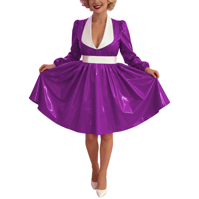 Women Glossy PVC Vintage A-Line Dress Elegant Contrast Collar Midi Dress Cosplay Sexy Zipper Party Dress Long Sleeve Clubwear