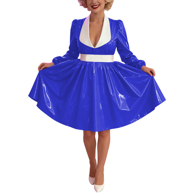Women Glossy PVC Vintage A-Line Dress Elegant Contrast Collar Midi Dress Cosplay Sexy Zipper Party Dress Long Sleeve Clubwear