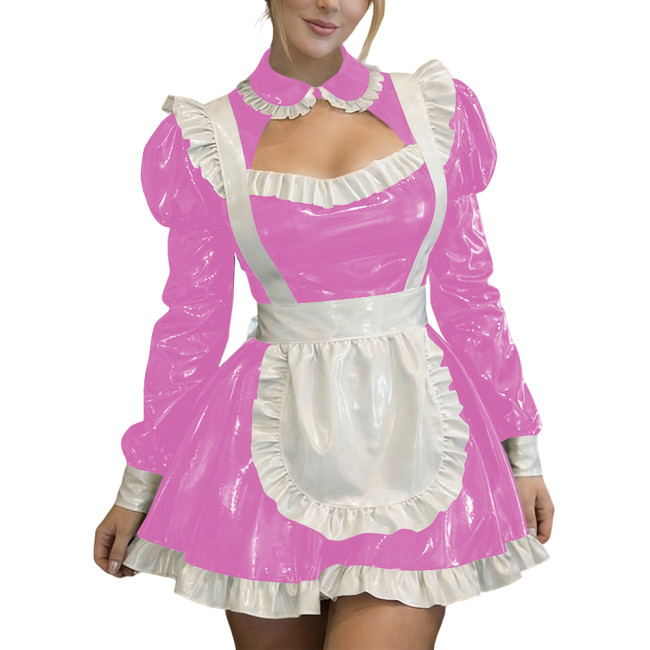 Sexy Wetlook PVC Leather Fetish Maid Dress A-Line Cocktail Lolita Zipper Mini Dress Fetish Cosplay Dress Cross-dresser Clubwear