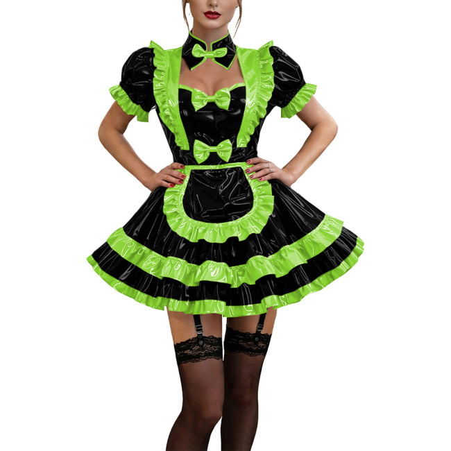Glossy Ruffles Bow Collar Mini Maid Dress Apron Vinyl PVC Leather Dress Short Puff Sleeve Dress Maid Uniform Sexy Cosplay Lolita