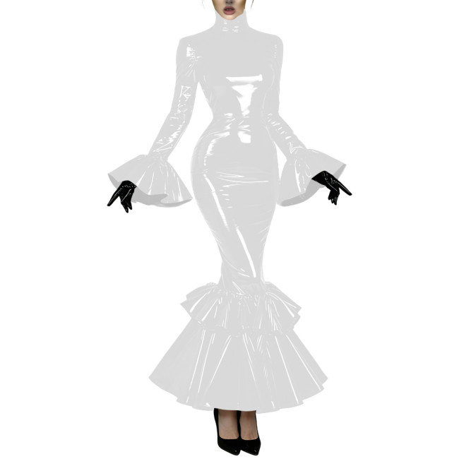 Women's Glossy Latex-like PVC Mermaid Dress High Neck Flared Long Sleeve Ruffle Hem Bodycon Maxi Dress Formal Party Vestidos