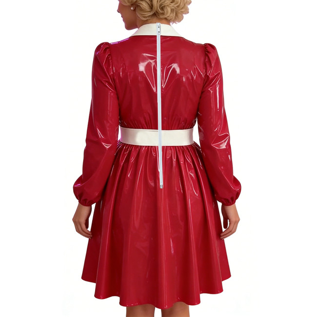 Women Glossy PVC Vintage A-Line Dress Elegant Contrast Collar Midi Dress Cosplay Sexy Zipper Party Dress Long Sleeve Clubwear