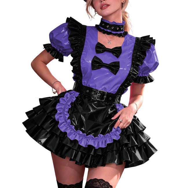 French Maid PVC Halloween Dress Women Shiny Vinyl A-Line Party Mini Dress Puff Sleeve Gothic Bow Choker Lady Cute Cosplay Lolita