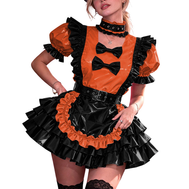 French Maid PVC Halloween Dress Women Shiny Vinyl A-Line Party Mini Dress Puff Sleeve Gothic Bow Choker Lady Cute Cosplay Lolita