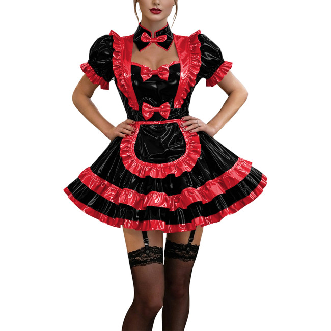 Glossy Ruffles Bow Collar Mini Maid Dress Apron Vinyl PVC Leather Dress Short Puff Sleeve Dress Maid Uniform Sexy Cosplay Lolita