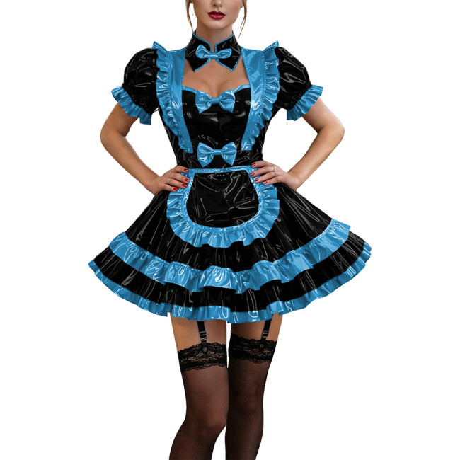 Glossy Ruffles Bow Collar Mini Maid Dress Apron Vinyl PVC Leather Dress Short Puff Sleeve Dress Maid Uniform Sexy Cosplay Lolita