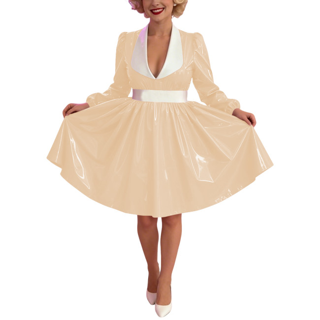 Women Glossy PVC Vintage A-Line Dress Elegant Contrast Collar Midi Dress Cosplay Sexy Zipper Party Dress Long Sleeve Clubwear