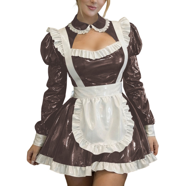 Sexy Wetlook PVC Leather Fetish Maid Dress A-Line Cocktail Lolita Zipper Mini Dress Fetish Cosplay Dress Cross-dresser Clubwear