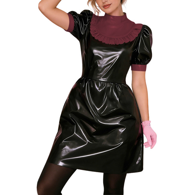 Gothic Punk Lolita PVC Puff Sleeve Cosplay Dress Shiny Vinyl Lady Short Dress Wetlook Contrast Ruffle Collar Bowless Party Dress