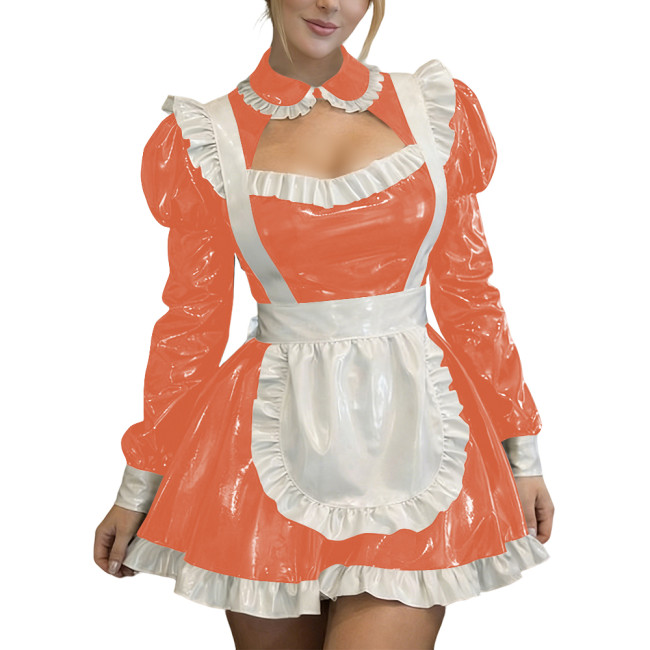 Sexy Wetlook PVC Leather Fetish Maid Dress A-Line Cocktail Lolita Zipper Mini Dress Fetish Cosplay Dress Cross-dresser Clubwear