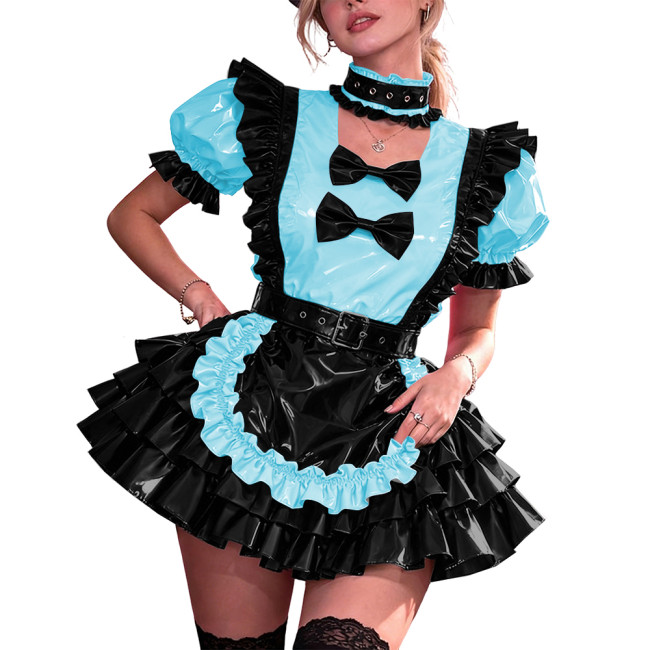 French Maid PVC Halloween Dress Women Shiny Vinyl A-Line Party Mini Dress Puff Sleeve Gothic Bow Choker Lady Cute Cosplay Lolita
