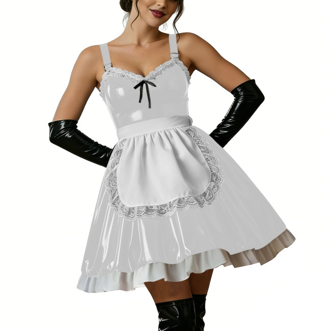 Halloween Women Shiny PVC Leather Maid Dress Sexy French Lace Apron Cute Mini Cosplay Lolita Party Wetlook Fancy Strap Dress
