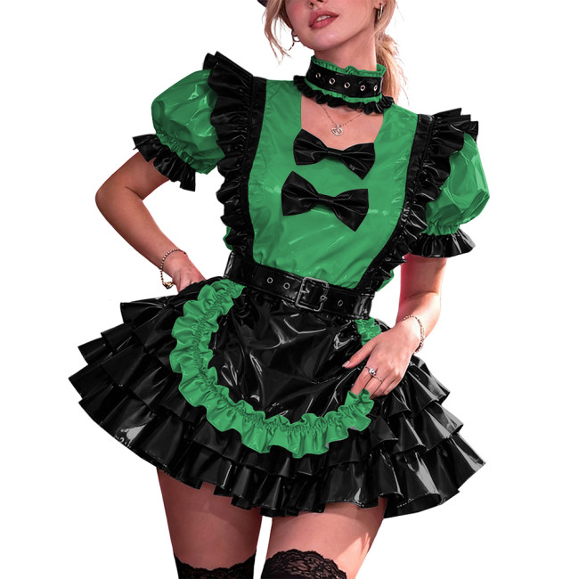 French Maid PVC Halloween Dress Women Shiny Vinyl A-Line Party Mini Dress Puff Sleeve Gothic Bow Choker Lady Cute Cosplay Lolita