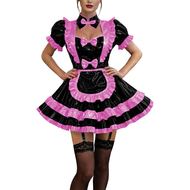 Glossy Ruffles Bow Collar Mini Maid Dress Apron Vinyl PVC Leather Dress Short Puff Sleeve Dress Maid Uniform Sexy Cosplay Lolita