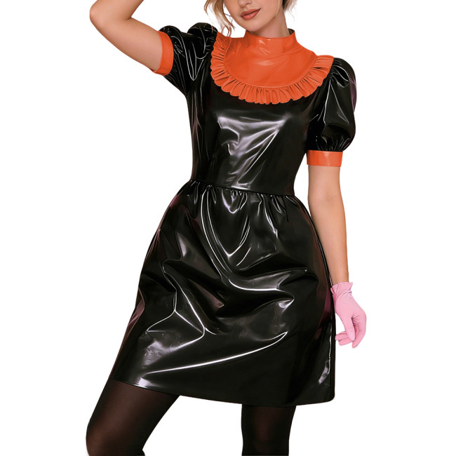Gothic Punk Lolita PVC Puff Sleeve Cosplay Dress Shiny Vinyl Lady Short Dress Wetlook Contrast Ruffle Collar Bowless Party Dress