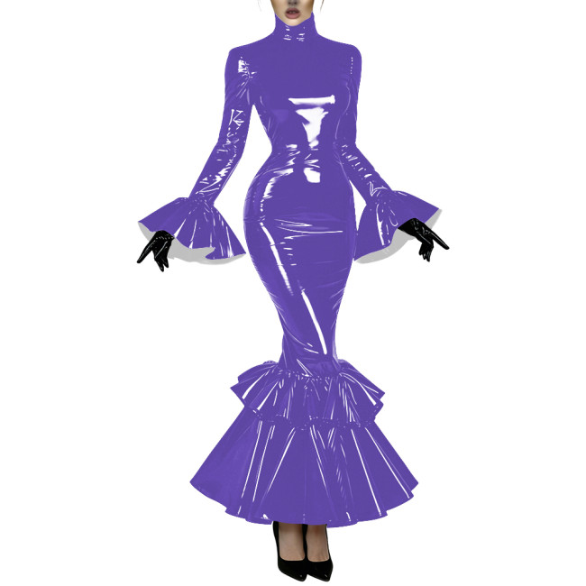 Women's Glossy Latex-like PVC Mermaid Dress High Neck Flared Long Sleeve Ruffle Hem Bodycon Maxi Dress Formal Party Vestidos