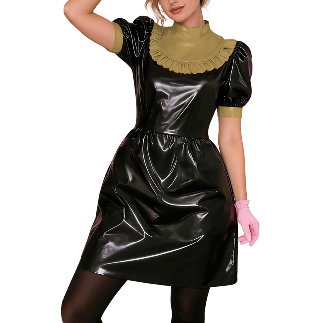 Gothic Punk Lolita PVC Puff Sleeve Cosplay Dress Shiny Vinyl Lady Short Dress Wetlook Contrast Ruffle Collar Bowless Party Dress