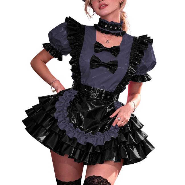 French Maid PVC Halloween Dress Women Shiny Vinyl A-Line Party Mini Dress Puff Sleeve Gothic Bow Choker Lady Cute Cosplay Lolita