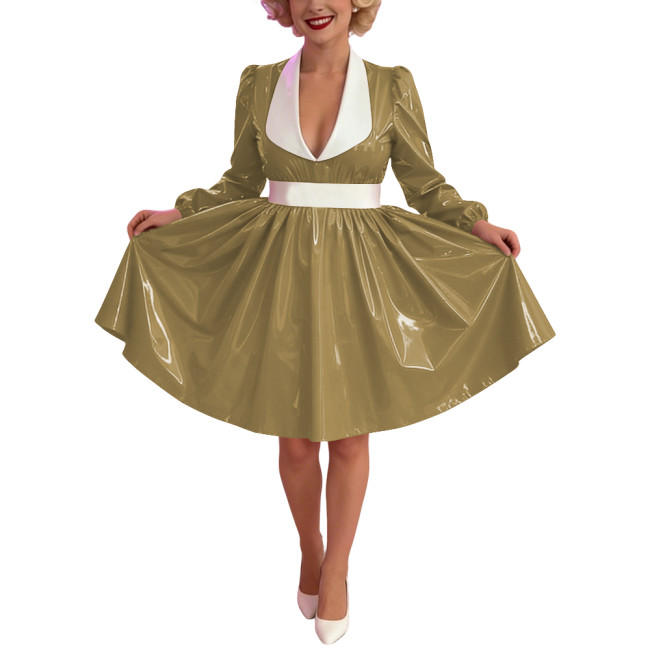 Women Glossy PVC Vintage A-Line Dress Elegant Contrast Collar Midi Dress Cosplay Sexy Zipper Party Dress Long Sleeve Clubwear