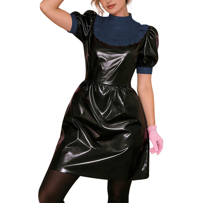 Gothic Punk Lolita PVC Puff Sleeve Cosplay Dress Shiny Vinyl Lady Short Dress Wetlook Contrast Ruffle Collar Bowless Party Dress