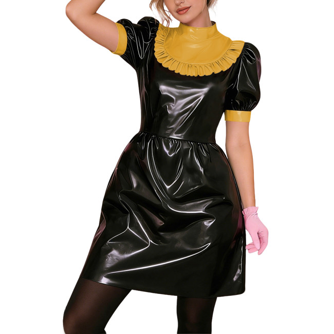 Gothic Punk Lolita PVC Puff Sleeve Cosplay Dress Shiny Vinyl Lady Short Dress Wetlook Contrast Ruffle Collar Bowless Party Dress