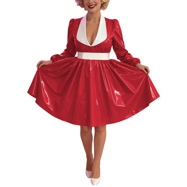 Women Glossy PVC Vintage A-Line Dress Elegant Contrast Collar Midi Dress Cosplay Sexy Zipper Party Dress Long Sleeve Clubwear