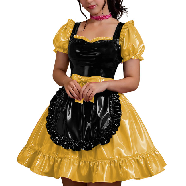 Halloween Shiny PVC French Dress Women Vinyl Mini Skirt Puff Sleeve Bow Sweetheart Party Maid Cross Dress Gothic Cosplay Lolita