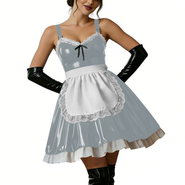 Halloween Women Shiny PVC Leather Maid Dress Sexy French Lace Apron Cute Mini Cosplay Lolita Party Wetlook Fancy Strap Dress
